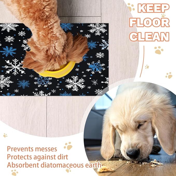 Christmas Snowflake Dog Food Mat for Floors Absorbent, Quick Dry Water Dispenser Mat for Food, Water, Pet Supplies 16" x 24",