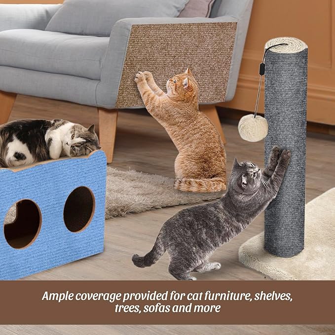 Cat Scratching Mat, 100"x16" Self-Adhesive Carpet Mat Trimmable Replacement for Cat Tree, Cat Wall Shelves, Cat Scratching Post, TanoFalo DIY Couch Furniture Protector (Brown)