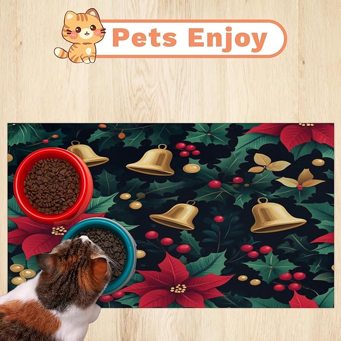 Red Poinsettia Dog Food Mat for Floors Absorbent, Quick Dry Water Dispenser Mat for Food, Water, Pet Supplies 24" x 32", Xmas Bell