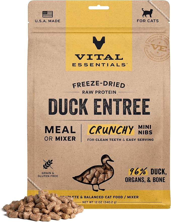 Vital Essentials Freeze Dried Cat Food, Raw Duck Crunchy Mini Nibs | Complete Meal or Topper | 96% Duck, Organs & Bone | Limited Ingredient, High Protein, Grain Free Dry Cat Food | 12 oz Bag