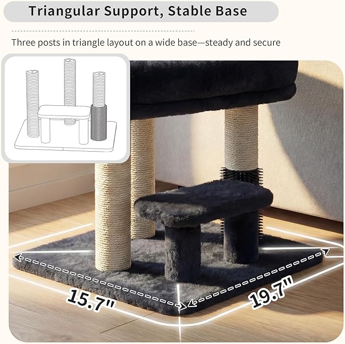 Heybly Cat Scratching Post, Small Cat Tree Tower with 3 Full Sisal Posts, Removable Plush Bed, Grooming Brush, Stable & Space-Saving Cat Furniture with Gentle Step for Indoor Cats, Smoky Gray HSP001SG