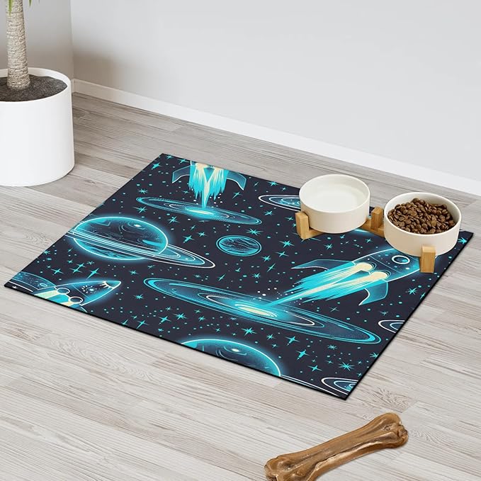 Cartoon Spaceship Dog Food Mat for Floors Absorbent, Quick Dry Water Dispenser Mat for Food, Water, Pet Supplies 17" x 30", Outer Space