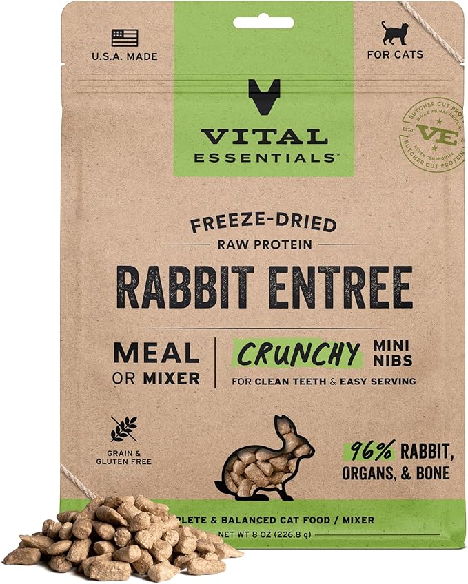 Vital Essentials Freeze Dried Cat Food, Raw Rabbit Crunchy Mini Nibs | Complete Meal or Topper | 96% Rabbit, Organs & Bone | Limited Ingredient, High Protein, Grain Free Dry Cat Food | 8 oz Bag