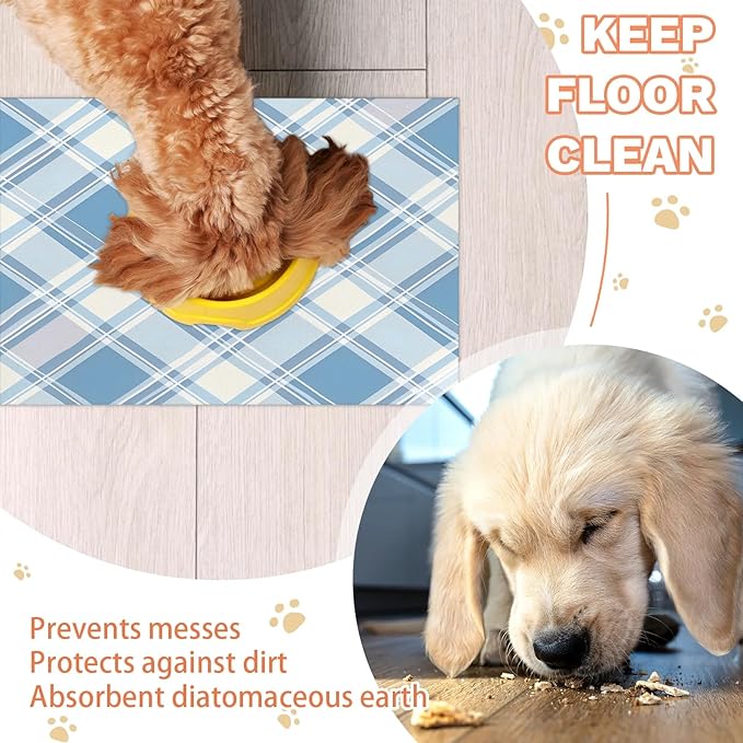 Buffalo Check Dog Food Mat for Floors Absorbent, Quick Dry Water Dispenser Mat for Food, Water, Pet Supplies 17" x 30", Blue Plaid