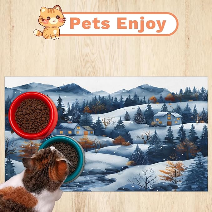 Village Dog Food Mat for Floors Absorbent, Quick Dry Water Dispenser Mat for Food, Water, Pet Supplies 12" x 20", Forest Snowflake