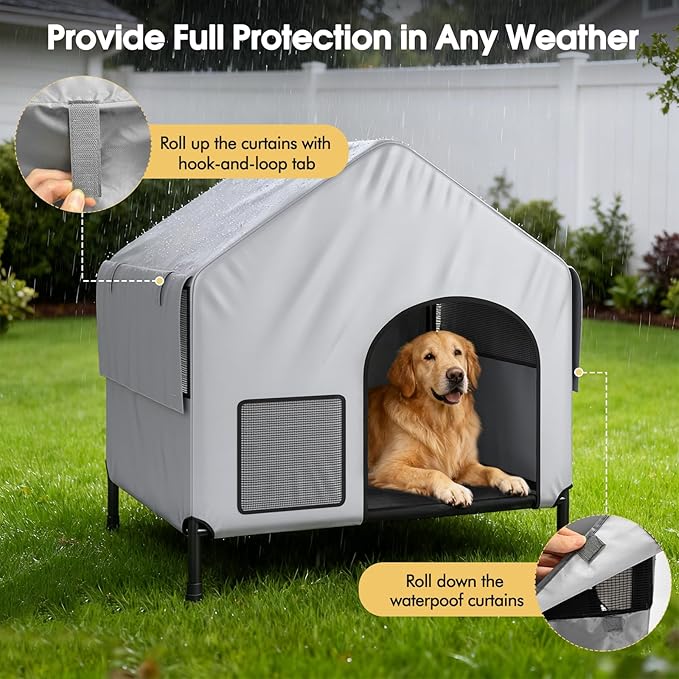 Outdoor Dog House for Small Large Dogs, Waterproof & Snowproof 600D Oxford Dog House with Elevated Dogs Bed, Pet Canopy Tent for Doggie, Cats, Small Animals, Grey