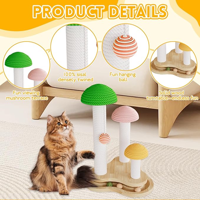 Mushroom Cat Scratcher for Kittens and Small Cats, Multi-Level Sisal Scratching Post with Hanging & Track Balls, Sturdy Wooden Base Cat Furniture for Indoor Cats’ Scratching & Playing