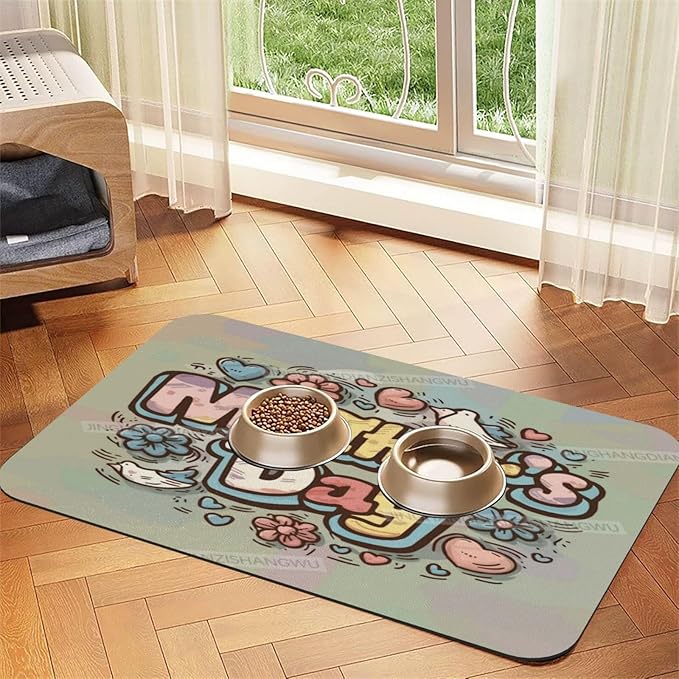 Pet Feeding Mat for Floors Waterproof Dog Mat for Food and Water Happy Mother's Day Floral Gift Mom Ej Absorbent Quick Dry Non Slip Mats Cat Bowls 18X12In