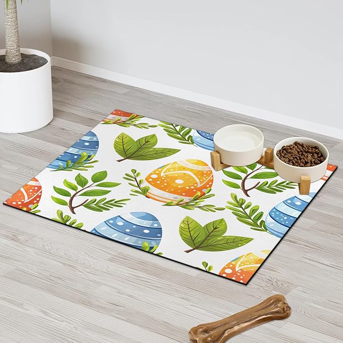 Happy Easter Dog Food Mat for Floors Absorbent Dog Bowl Mat for Food and Water Dispenser Quick Dry Cat Food Placemat Pet Supplies 12" x 20", Green Plant