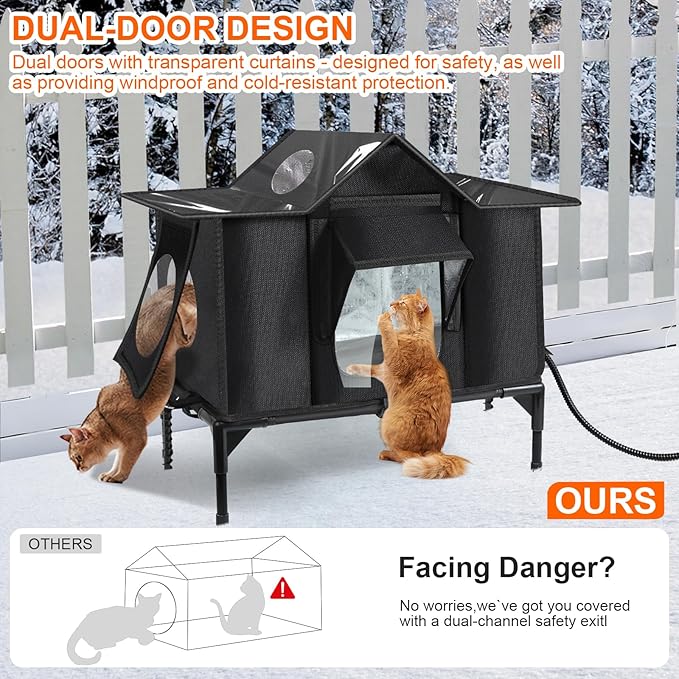 Heated Outdoor Cat House Weatherproof with Heating Pad, Insulated Feral Cat Houses for Outdoor Cats, Safe Escape Door, Heated Cats House for Outside, Outside Stray Cats Shelter with Elevated Base(L)