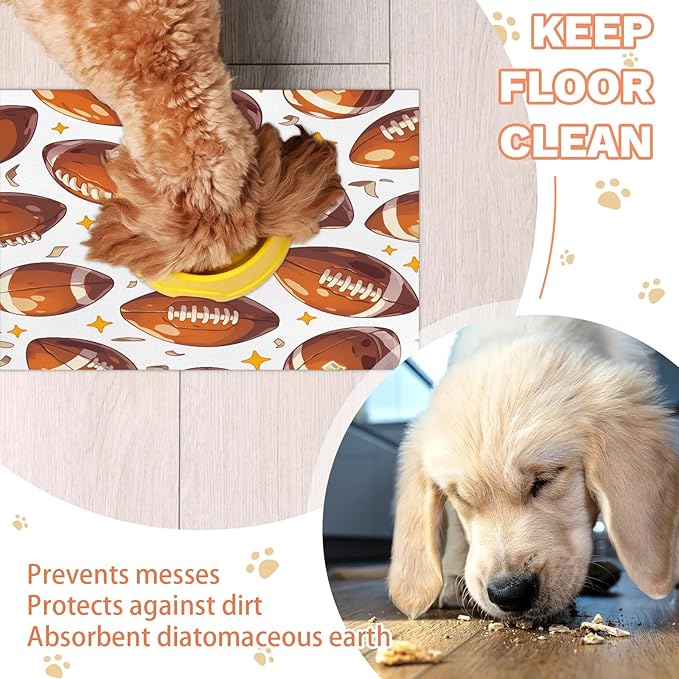 Rugby Dog Food Mat for Floors Absorbent, Quick Dry Water Dispenser Mat for Food, Water, Pet Supplies 16" x 24", Football