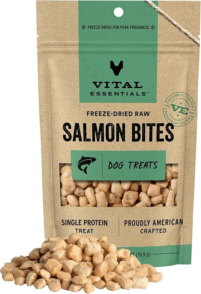 Vital Essentials Freeze Dried Dog Treats | Salmon Bites, Single Ingredient | Premium Quality | Grain Free Training Treats for Dogs, 2.5 oz Bag