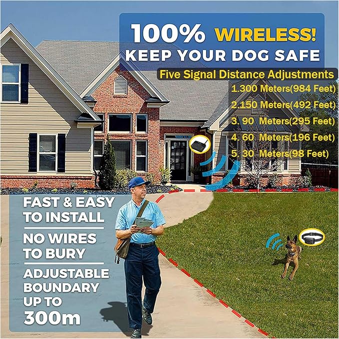 Wireless Dog Fence, Outdoor Pet Electric Boundary Containment System, Shock Collar for Large Dogs, Adjustable Vibration & Shock, Waterproof Rechargeable Training Collar, for 1 2 3 Dogs,for2d