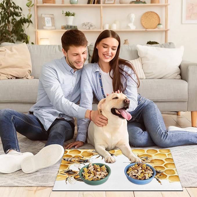 Cute Bee Dog Food Mat for Floors Absorbent, Quick Dry Water Dispenser Mat for Food, Water, Pet Supplies 24" x 32", Honeycomb
