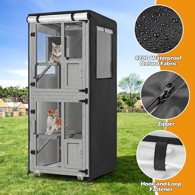 Catio Cover,26"L x 25"W x 63"H Cover for Catio Outdoor Cat Enclosure Waterproof, 420D Cat Cage Covers for TRYKERPET 4 Tiers Catios, Outdoor Cats Enclosure Covers(Black)(Catios Not Included)