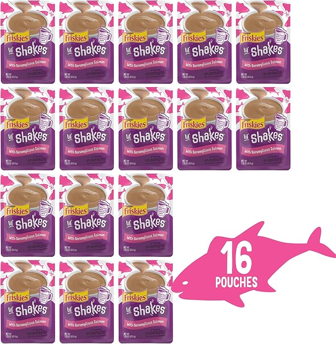 Purina Friskies Pureed Cat Food Topper, Lil’ Shakes With Scrumptious Salmon Lickable Cat Treats - (Pack of 16) 1.55 oz. Pouches