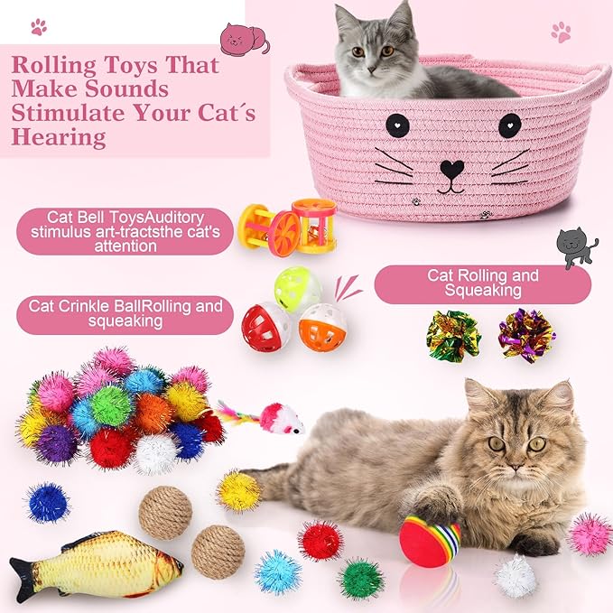 Zopeal 58 Pcs Easter Cat Storage Basket Gift Toys Set, Colorful Flashing Balls Pet Bell Crinkle Balls Spring Toys Attract Cat to Swat, Hunt, Interactive for Pet(Pink,9.8 Inch)