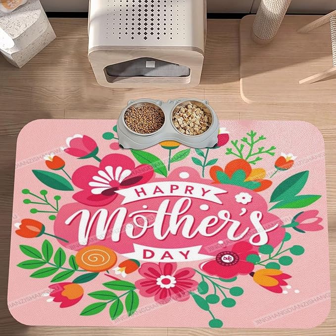 Pet Feeding Mat for Dogs Cats Happy Mother's Day Floral Gift for Mom S Absorbent Dog Food Mat Non-Slip Waterproof Placemat Quick Dry Pet Supplies Bowl Mats