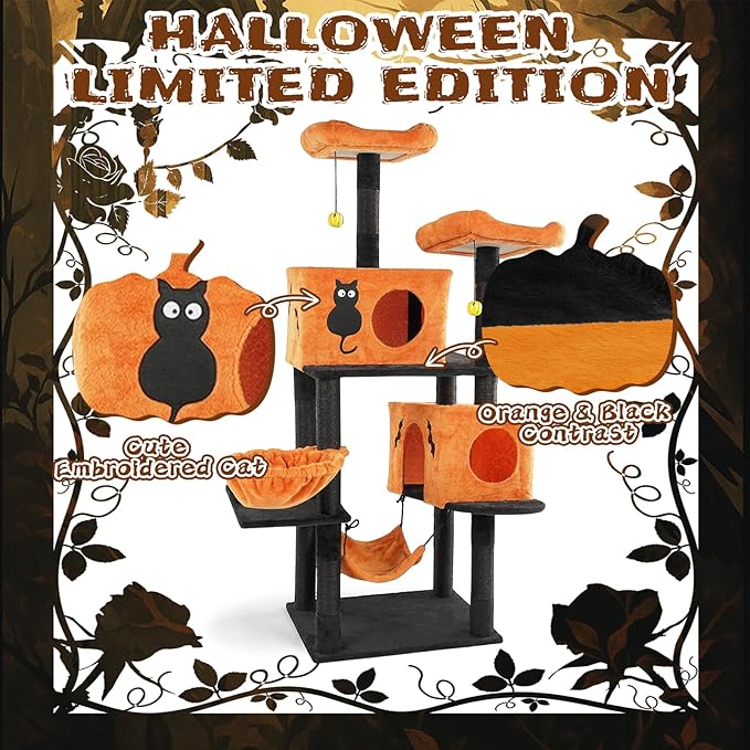 61" Halloween Cat Tree, Large Cat Tower with 2 Spacious Cat Condos, 2 Padded Perches, 2 Hammocks, Scratching Posts, Hanging Toy, Multi-Level Cat Activities Furniture for Large Cats (58 * 44 * 155CM)