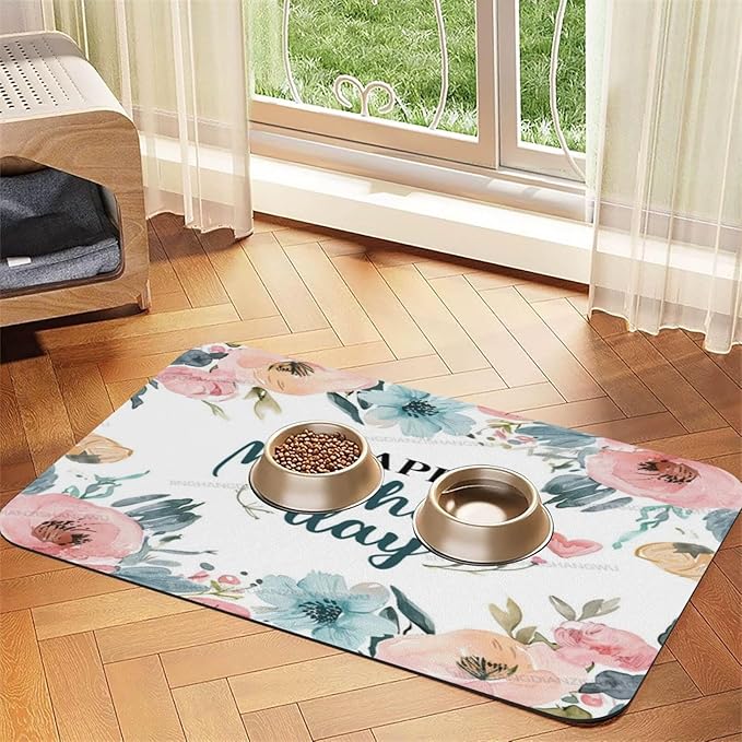 Pet Feeding Mat Absorbent Dog Mat for Food and Water Bowl Dog Accessories Watercolor Happy Mother's Day Floral Gift for Mom Fn Pet Supplies Dogs Quick Dry Cat Water Dispenser Mats 24x16In