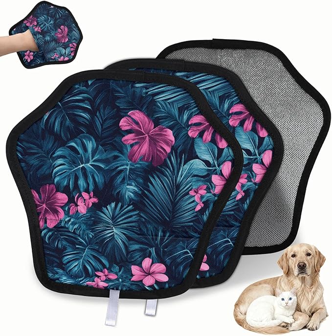 Flower Palm Leaf Electrostatic Pet Hair Removal Glove for Cats & Dogs - Reusable Grooming Mitt for Couch, Carpet, Car Seat & Laundry - Large 9x9 Inch