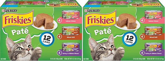Friskies Purina Wet Cat Food Pate Variety Pack Salmon Dinner, Turkey and Giblets Dinner and Mixed Grill - 5.5 oz. Cans (Pack of 48)