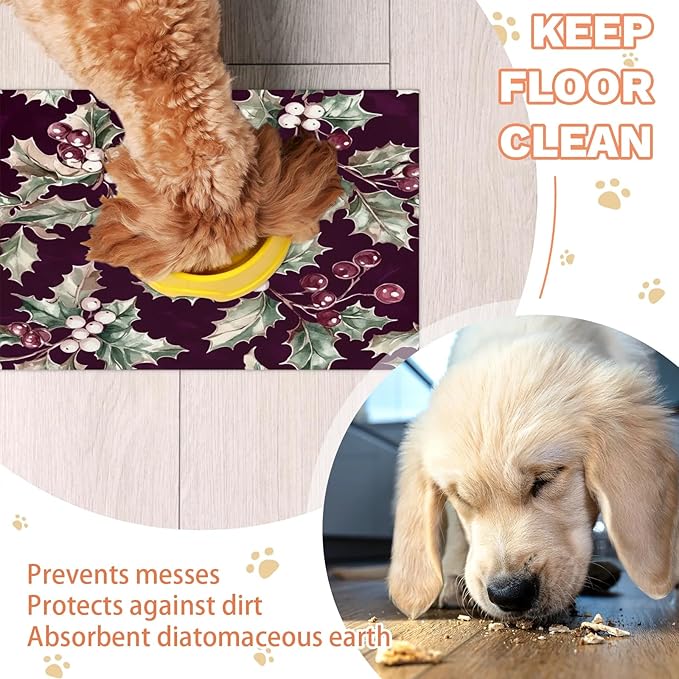 Christmas Holly Dog Food Mat for Floors Absorbent, Quick Dry Water Dispenser Mat for Food, Water, Pet Supplies 16" x 24",