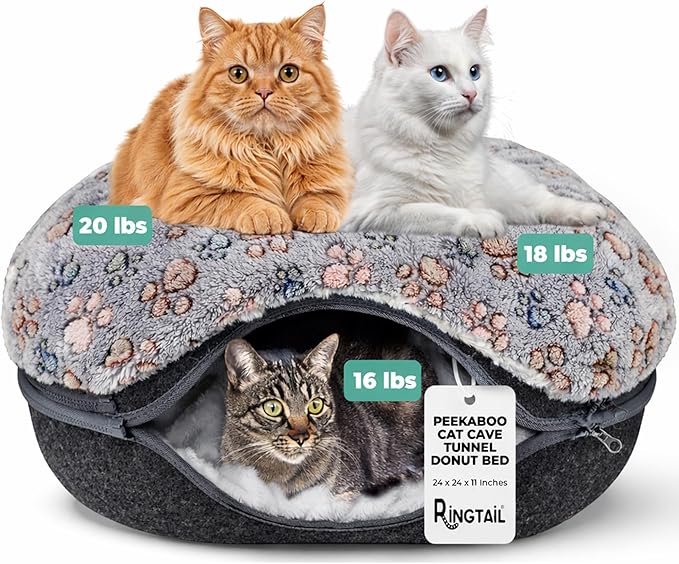 RINGTAIL Peekaboo Cat Cave Donut for Multiple & Large Cats Up to 30-45 lb, 3-in-1 Self Warming Cat Bed Tunnel with 2 Soft Fluffy Fleece Pet Blankets, Scratch, Detachable & Washable (Dark Gray, Large)