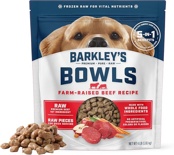 Barkley’s Bowls, Frozen Raw Beef Dog Food, Fresh Whole Food Ingredients with Farm-Raised Beef, Grain Free, High Protein, Dog Food Toppers, Frozen Meals, Human Grade Ingredients, 4 lb (3 Pack)