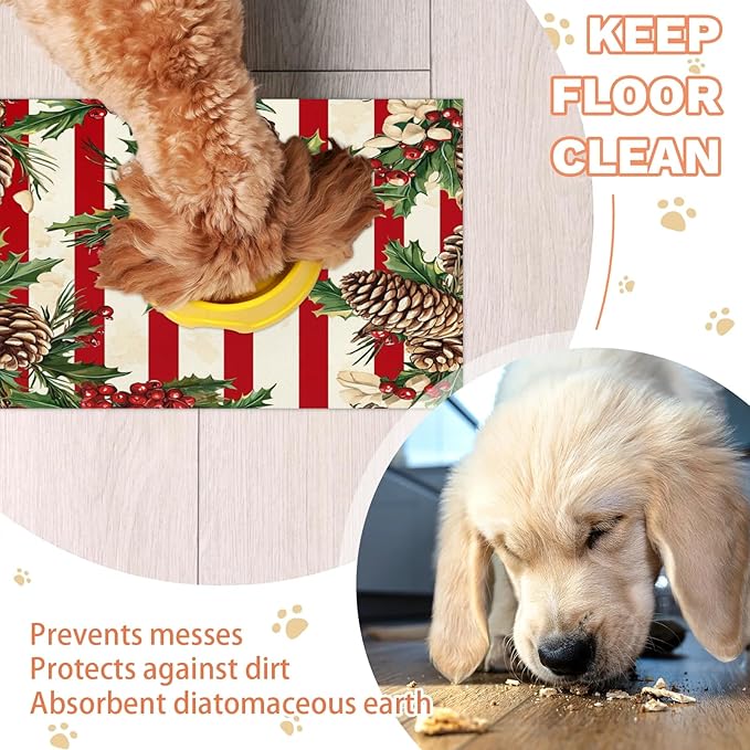 Xmas Pinecone Dog Food Mat for Floors Absorbent, Quick Dry Water Dispenser Mat for Food, Water, Pet Supplies 16" x 24", Christmas Holly
