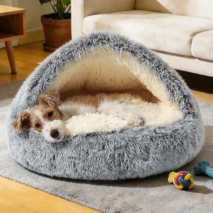 NOYAL Round Hooded Donut Dog Bed for Small & Medium Pets - Plush Fluffy Anti-Anxiety Cat Cave Bed with Cover