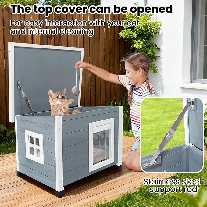 Outdoor Wooden Pet House, Weatherproof Winter Shelter for рuррy and Cats, Elevated Design with Window，100% Cedar Insulated Pet Safe Haven | Easy 15-Min Assembly (Gray-White)