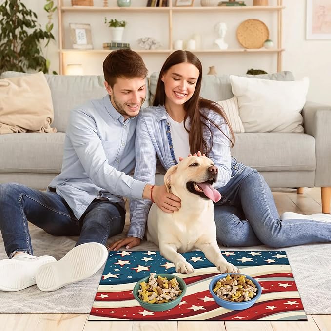 4th of July Dog Food Mat for Floors Absorbent Dog Bowl Mat for Food and Water Dispenser Quick Dry Cat Food Placemat Pet Supplies 17" x 30", Red White Stripes