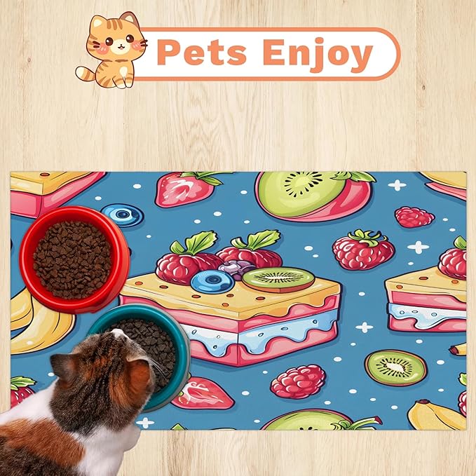 Fruit Cake Dog Food Mat for Floors Absorbent Dog Bowl Mat for Food and Water Dispenser Quick Dry Cat Food Placemat Pet Supplies 16" x 24", Sweet