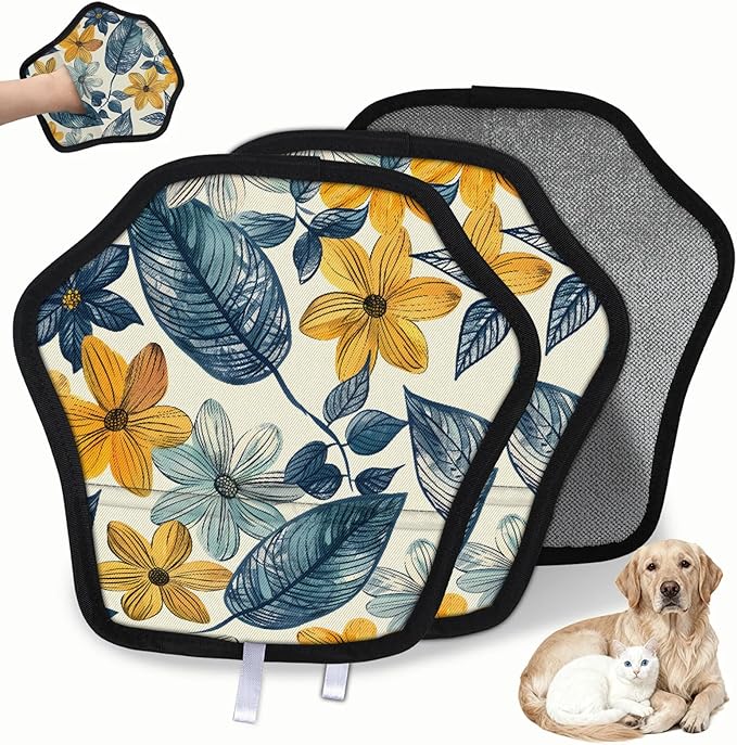Reusable Pet Hair Removal Glove Cute Flowers Leaf Magic Brush for Cat & Dog Hair Remover for Car, Sofa, Bedding, Clothes - 9x9 Mitt Washable