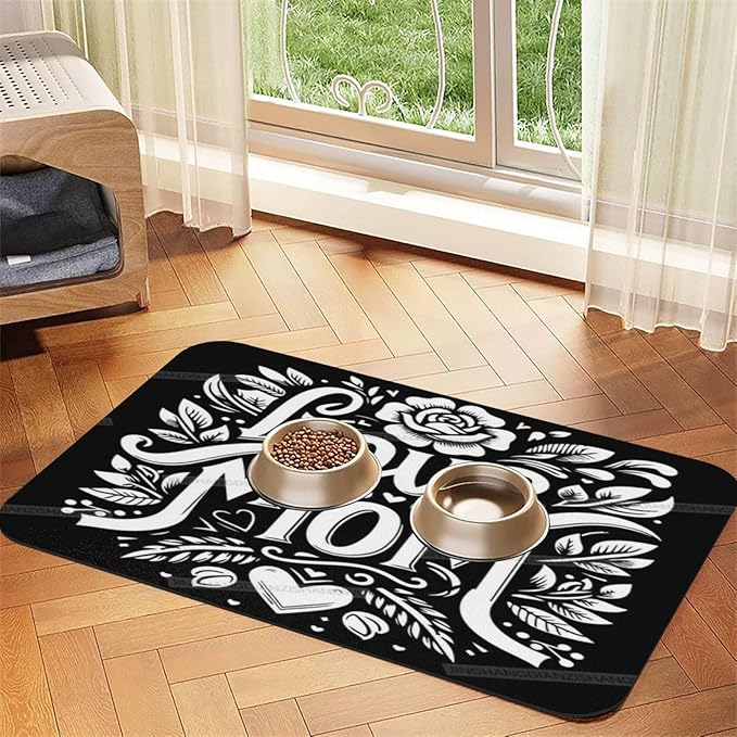 Non Slip Mat for Dog Pet Cat Dog Food Mats Happy Mother's Day Floral Gift for Mom Kr Water Bowl Mat Quick Dry Absorbent Cat Feeding Mats 24x16In