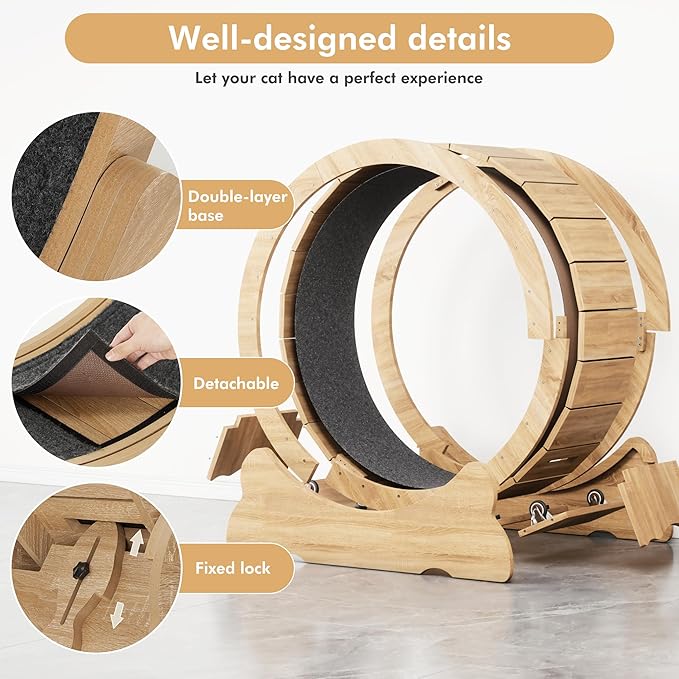 38'' Indoor Cat Exercise Wheel, Cat Running Wheel with Smooth and Quiet Roller, Detachable Carpet and Toy Teaser for Fun Fitness Training Treadmill,Natural Wood