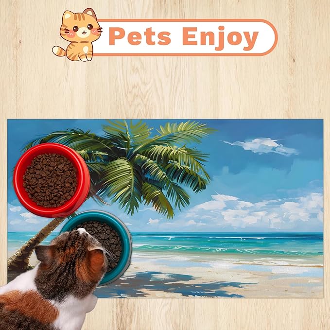 Hawaiian Seaside Dog Food Mat for Floors Absorbent, Quick Dry Water Dispenser Mat for Food, Water, Pet Supplies 16" x 24", Summer Palm Tree