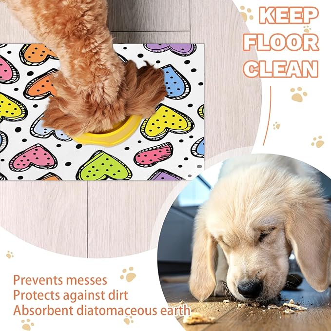 Colorful Heart Dog Food Mat for Floors Absorbent, Quick Dry Water Dispenser Mat for Food, Water, Pet Supplies 16" x 24", Black Polka Dot