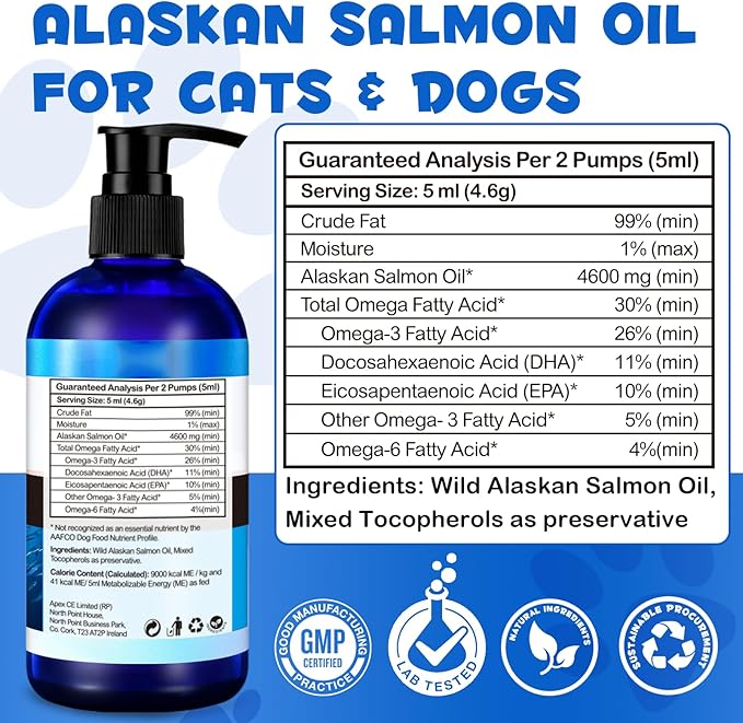 Alaskan Salmon Oil for Dogs & Cats (8.8 oz) - Pure Omega 3 Fish Oil with Omega 6 Fatty Acids, EPA & DHA - Anti-inflammation for Dogs Skin and Coat - Natural Pet Joint, Immune, Brian & Heart Supplement