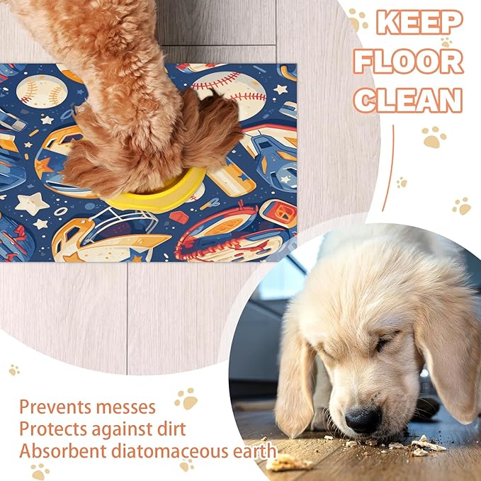 American Baseball Dog Food Mat for Floors Absorbent, Quick Dry Water Dispenser Mat for Food, Water, Pet Supplies 17" x 30", 4th of July