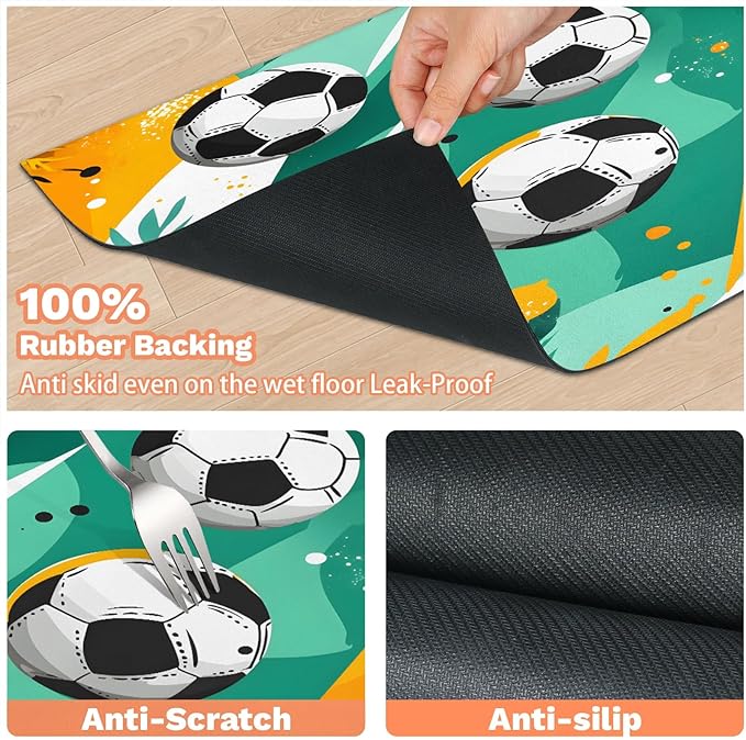 Sports Soccer Dog Food Mat for Floors Absorbent, Quick Dry Water Dispenser Mat for Food, Water, Pet Supplies 16" x 24", Football Theme