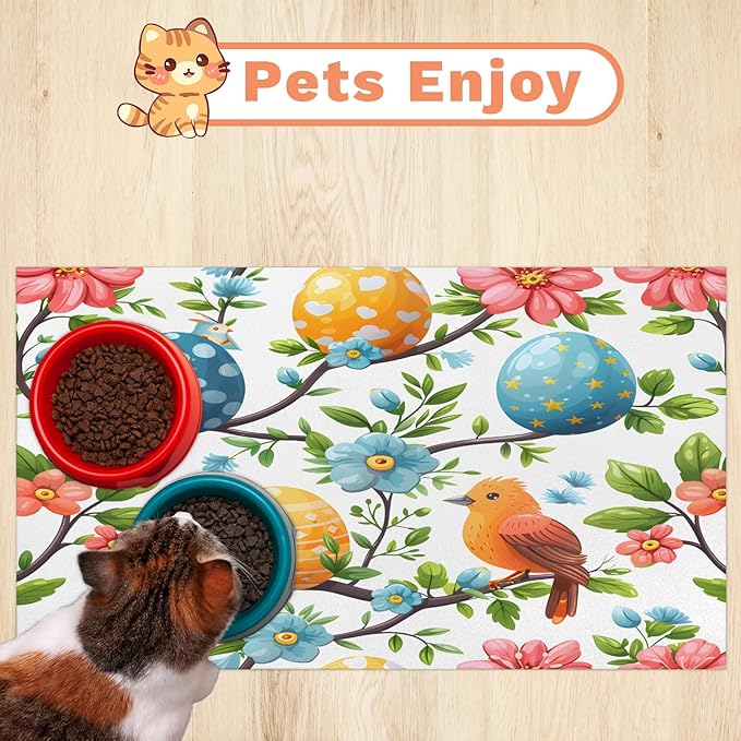 Spring Easter Dog Food Mat for Floors Absorbent Dog Bowl Mat for Food and Water Dispenser Quick Dry Cat Food Placemat Pet Supplies 12" x 20", Bird Egg Flower