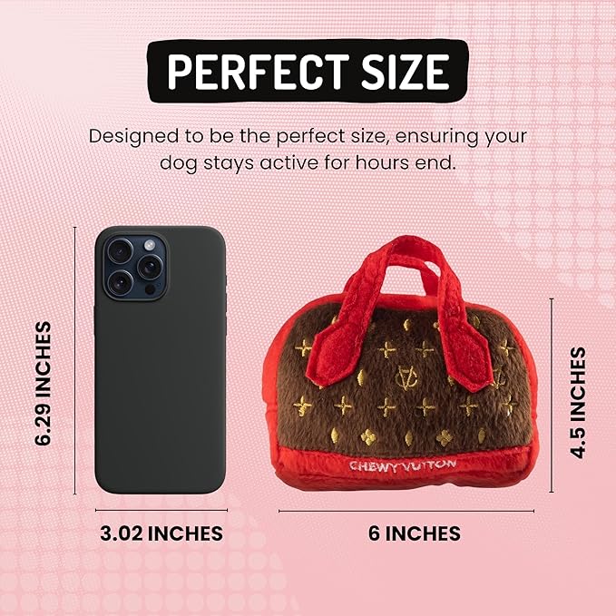 Dog Diggin Designs Chewy Vuiton Posh Purse Plush Dog Toy | Luxury-Inspired Parody Designer Handbag with Squeaker, Soft Plush Fashion Dog Toy – Haute Couture Purses & Handbags