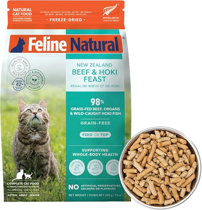 Feline Natural High Protein Dry Cat Food, Freeze-Dried Diet with 98% Meat, Organs & Seafood, No Peas, Grains, or Artificial Additives, Made in New Zealand, Beef & Hoki, 320g