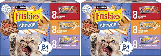 Friskies Wet Cat Food Variety Pack, Shreds Beef Chicken Turkey & Cheese | 48 Pack | 5.5 oz Cans