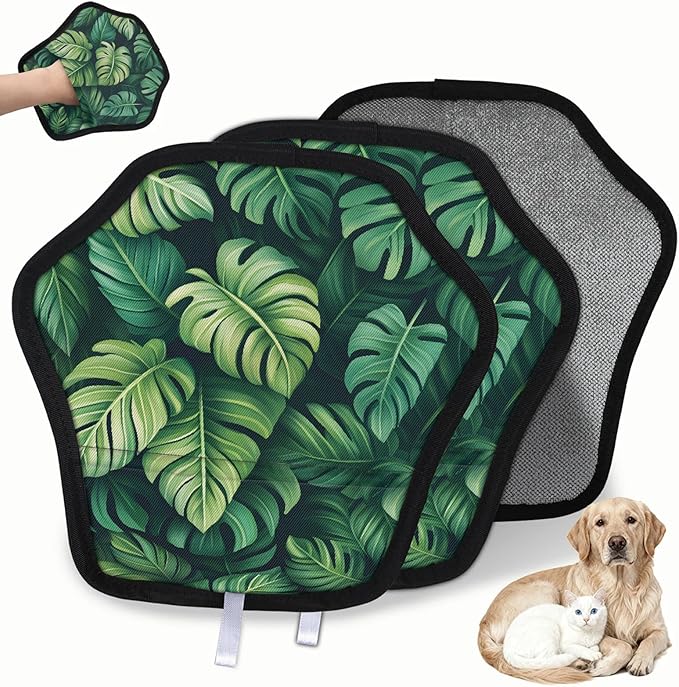Botanical Palm Leaves Electrostatic Pet Hair Removal Glove for Cats & Dogs - Reusable Grooming Mitt for Couch, Carpet, Car Seat & Laundry - Large 9x9 Inch