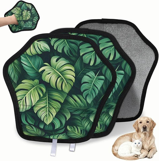 Botanical Palm Leaves Electrostatic Pet Hair Removal Glove for Cats & Dogs - Reusable Grooming Mitt for Couch, Carpet, Car Seat & Laundry - Large 9x9 Inch