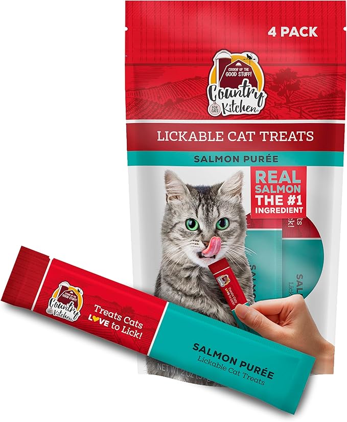 Country Kitchen Salmon Puree Lickable Cat Treats, Made with Real Salmon, 2 Oz, 4 Count