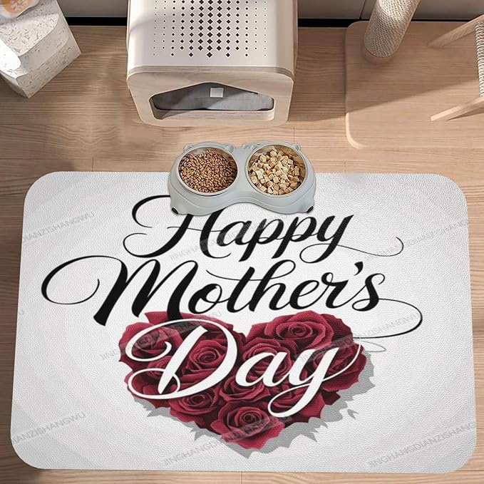 Pet Feeding Mat Happy Mother's Day Floral Gift Mom Rose Heart Absorbent Pet Placemat for Food Water Bowl with Waterproof Rubber Backing 18X12In Quick Dry Water Dispenser Mat for Dog Cat